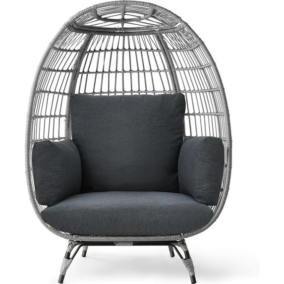 CHAUKY Wicker Egg Chair, Oversized Indoor Outdoor Lounger for Patio, Backyard, Living Room w/ 4 Cushions, Steel Frame, 440lb Capacity - Gray/Charcoal