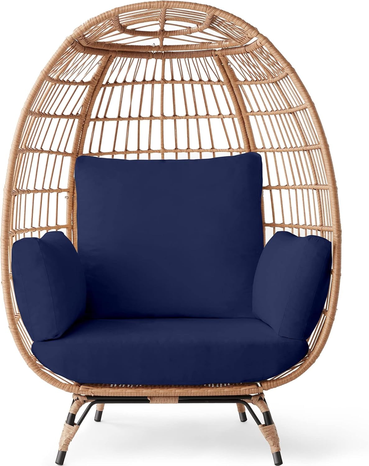 Beige Wicker Egg Chair with Navy Cushions