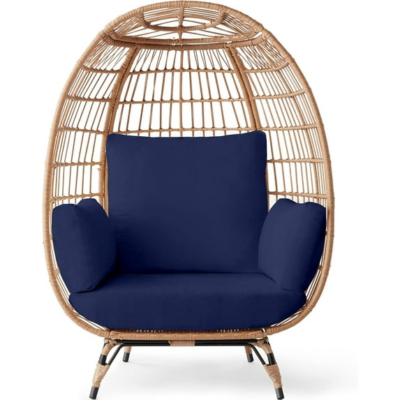 CHAUKY Wicker Egg Chair, Oversized Indoor Outdoor Lounger for Patio, Backyard, Living Room w/ 4 Cushions, Steel Frame, 440lb Capacity - Navy