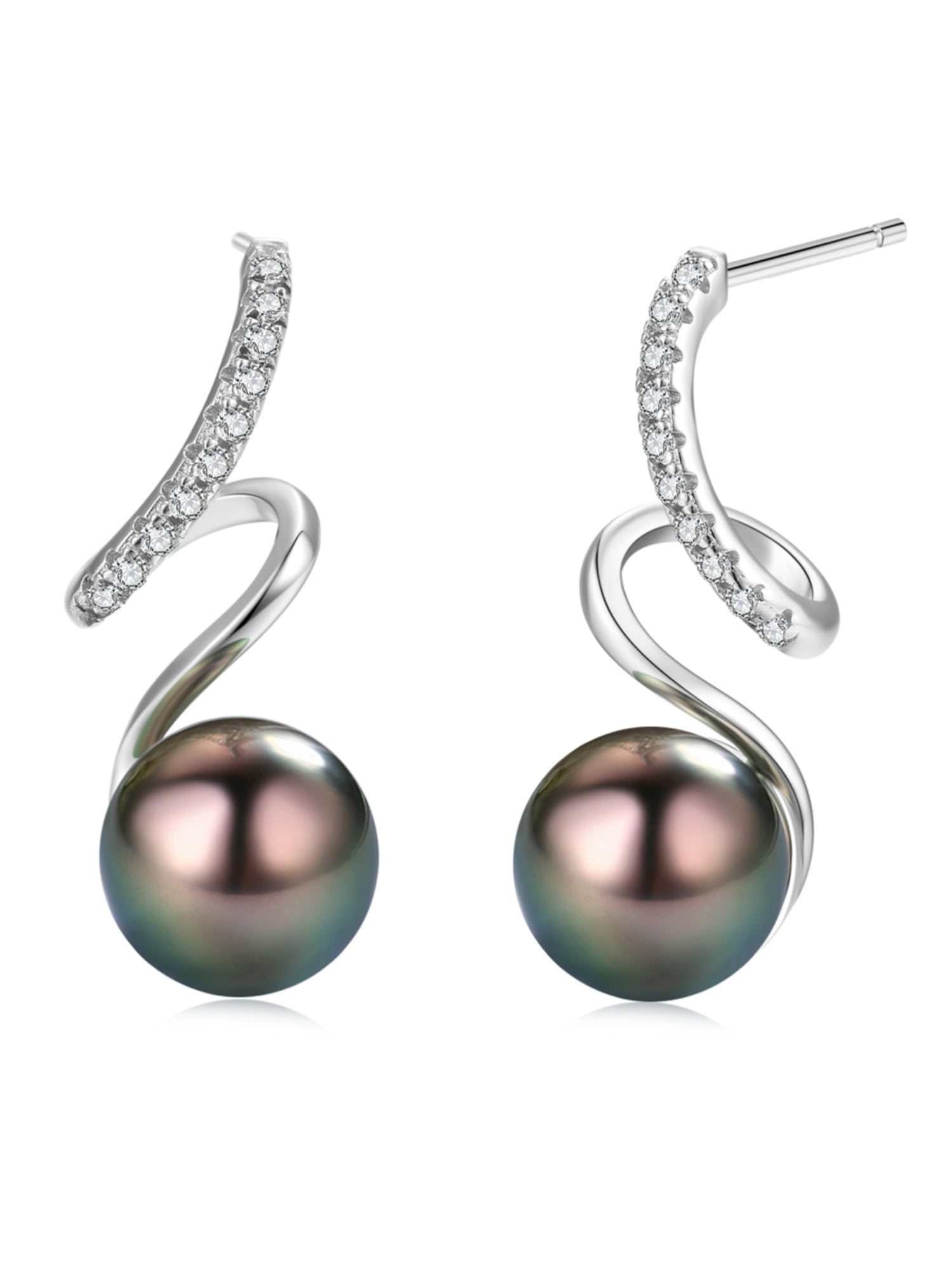 CHAULRI Spiral Love Earrings AAA Quality Genuine Tahitian Black Pearl 8-9mm 18K Gold Plated 925 Sterling Silver