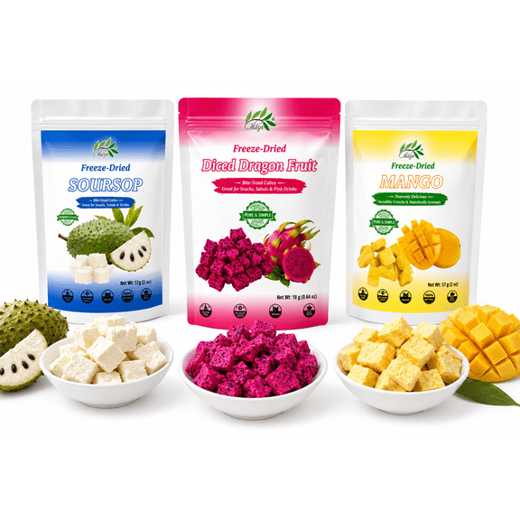CHAVI Freeze-Dried Tropical Fruit Variety Pack - Soursop, Dragon Fruit & Mango - 3 Bags (2 Oz Each) - Healthy Superfood Snack - No Added Sugar, Non-GMO, Vegan, Gluten-Free