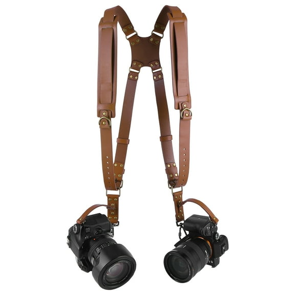 CHAXIN Camera Harness for 2 Cameras – Dual Shoulder Leather Camera Strap – Double Camera Harness for DSLR/SLR, Camera Straps for Photographers of All Levels, Standard Straps/Color Tan