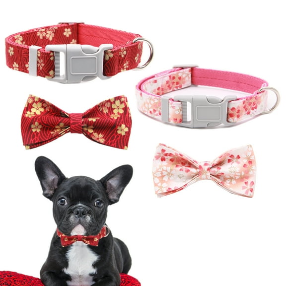 CHBORLESS 2 Pack Dog Collar with Bowtie Adjustable Floral Pet Puppy Collar,Pink Red,Large