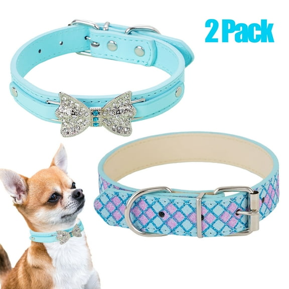 CHBORLESS 2 Pack PU Leather Dog Collar Shiny Diamond Bow Puppy Collar,Blue,S