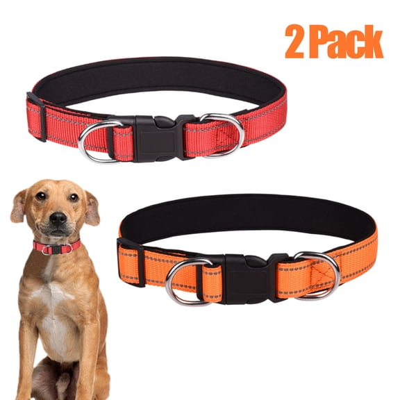 CHBORLESS 2 Pack Reflective Dog Collar Adjustable Nylon Pet Puppy Collar,Red Orange,L