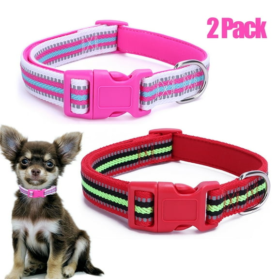 CHBORLESS 2 Pack Reflective Dog Collar Adjustable Nylon Pet Puppy Collar with Neoprene Padded,Pink Red,M