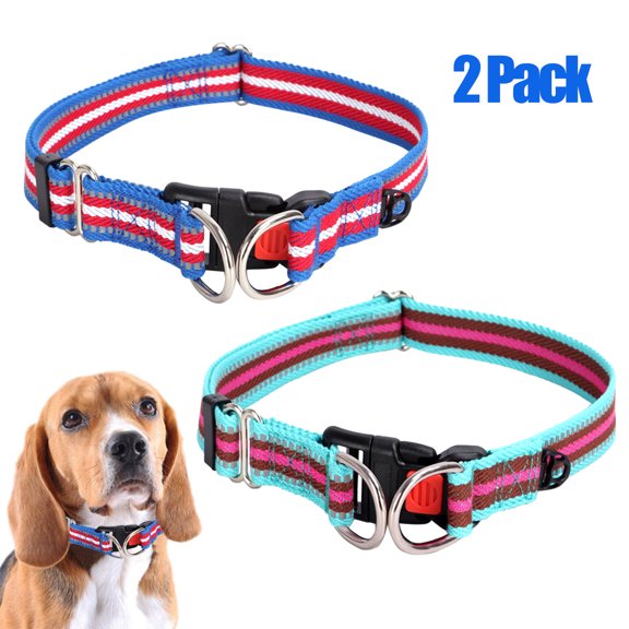 CHBORLESS 2 Pack Reflective Dog Collar with Lock Buckle Adjustable Nylon Pet Puppy Collar,Blue,M