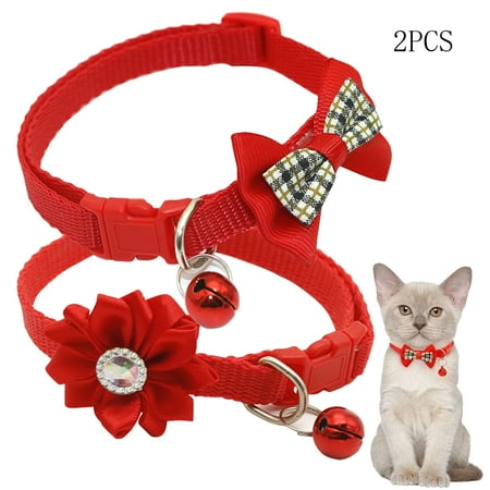 CHBORLESS 2 Pcs Nylon Cat Collar with Bell Bow Tie Flower Adjustable Puppy Kitten Collar,Red