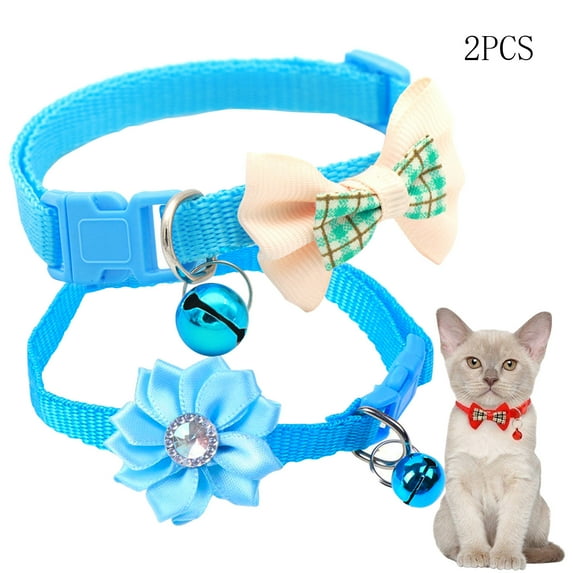 CHBORLESS 2 Pcs Nylon Cat Collar with Bell Bow Tie Flower Adjustable Puppy Kitten Collar,Sky Blue