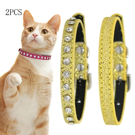 CHBORLESS 2 Pcs PU Leather Cat Collar Shiny Diamond Adjustable Kitten Collar,Gold,Medium