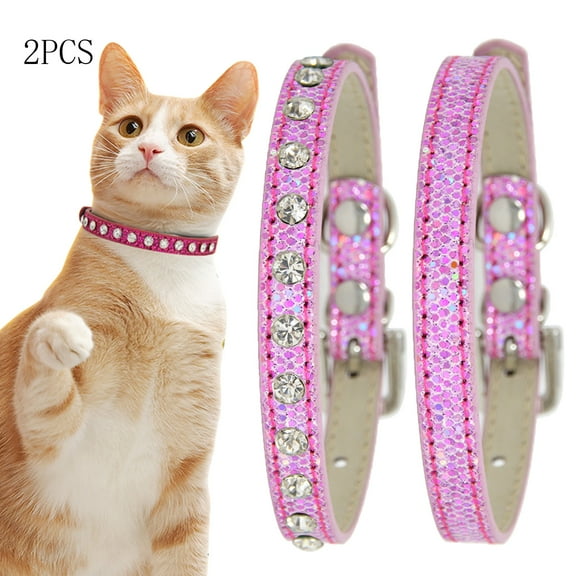 CHBORLESS 2 Pcs PU Leather Cat Collar Shiny Diamond Adjustable Kitten Collar,Pink,Medium