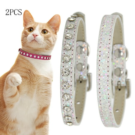 CHBORLESS 2 Pcs PU Leather Cat Collar Shiny Diamond Adjustable Kitten Collar,Silver,X-Small