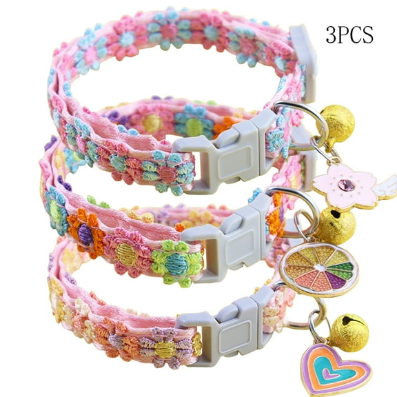CHBORLESS 3 Pcs Colourful Flowers Cat Collar with Bell Adjustable Kitten Collar