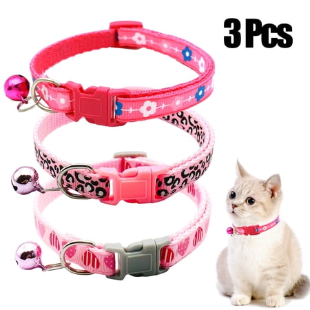 CHBORLESS 3 Pcs Nylon Cat Collar with Bell Adjustable Kitten Puppy Collars for Newborn Pet,Pink