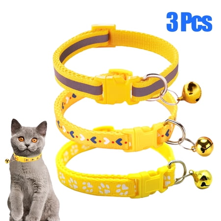 CHBORLESS 3 Pcs Nylon Cat Collar with Bell Adjustable Puppy Kitten Collar,Yellow