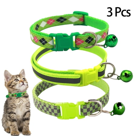 CHBORLESS 3 Pcs Nylon Reflective Cat Collar with Bell Adjustable Kitten Puppy Collars,Green