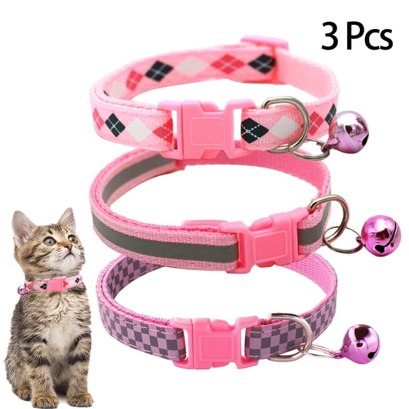 CHBORLESS 3 Pcs Nylon Reflective Cat Collar with Bell Adjustable Kitten Puppy Collars,Pink