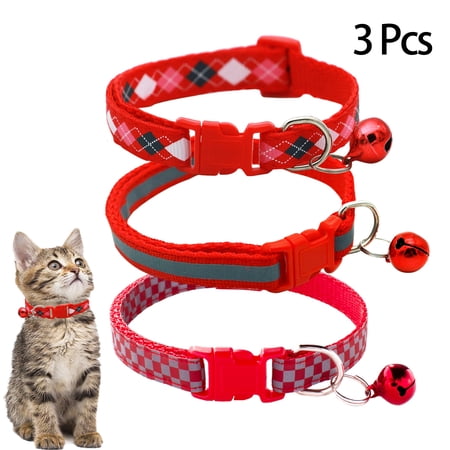 CHBORLESS 3 Pcs Nylon Reflective Cat Collar with Bell Adjustable Kitten Puppy Collars,Red