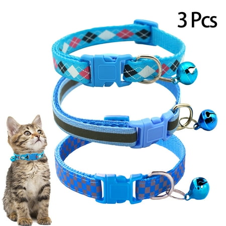 CHBORLESS 3 Pcs Nylon Reflective Cat Collar with Bell Adjustable Kitten Puppy Collars,Sky Blue