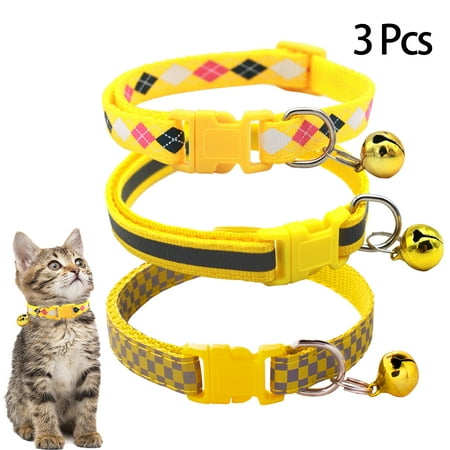 CHBORLESS 3 Pcs Nylon Reflective Cat Collar with Bell Adjustable Kitten Puppy Collars,Yellow
