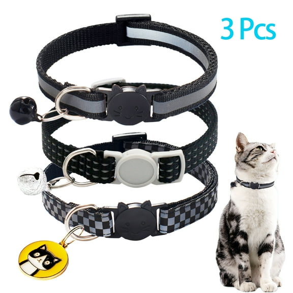 CHBORLESS 3 Pcs Reflective Breakaway Cat Collar with Bell Nylon Kitten Pups Collars,Black