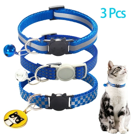 CHBORLESS 3 Pcs Reflective Breakaway Cat Collar with Bell Nylon Kitten Pups Collars,Dark Blue