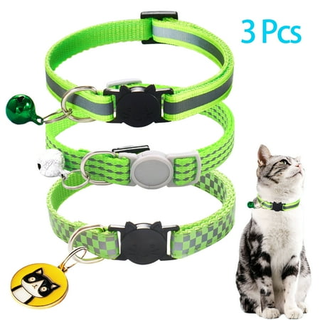 CHBORLESS 3 Pcs Reflective Breakaway Cat Collar with Bell Nylon Kitten Pups Collars,Green
