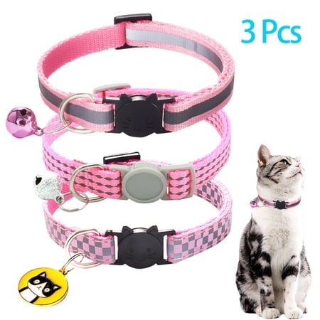 CHBORLESS 3 Pcs Reflective Breakaway Cat Collar with Bell Nylon Kitten Pups Collars,Pink