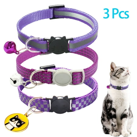 CHBORLESS 3 Pcs Reflective Breakaway Cat Collar with Bell Nylon Kitten Pups Collars,Purple