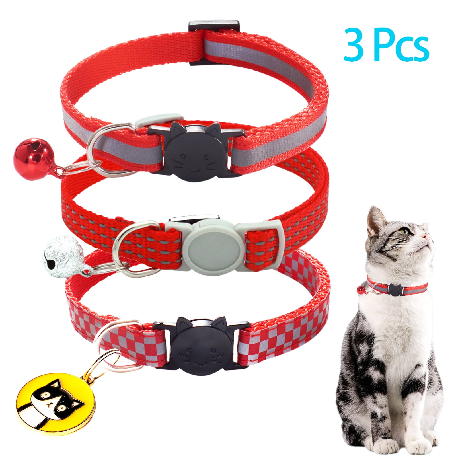CHBORLESS 3 Pcs Reflective Breakaway Cat Collar with Bell Nylon Kitten