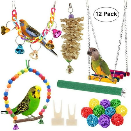 CHBORLESS Bird Parakeet Toy for Swing Hanging Standing Chewing Hammock Bell Toy,12 Pack (Set4)