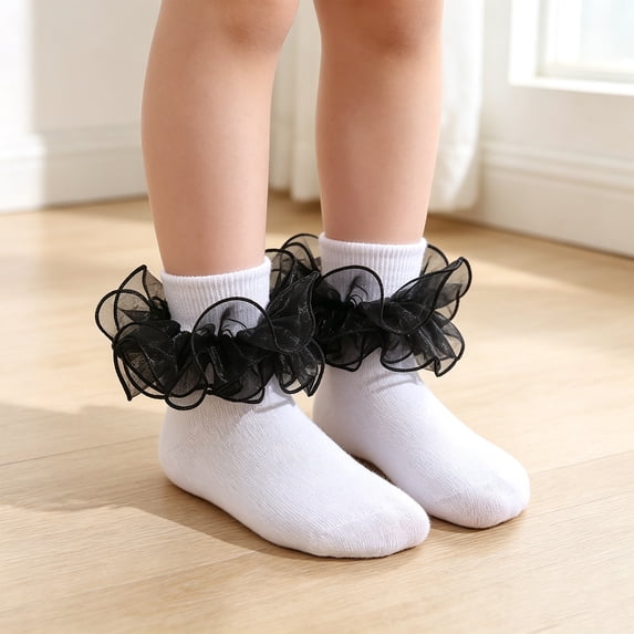 CHCNHAC 2 Pairs Baby Girl Lace Ruffle Socks, Soft Cotton Frilly Ankle Socks for Infants Toddlers Kids 0-13 Years, Non-Slip Princess Style Socks for Daily Wear & Party