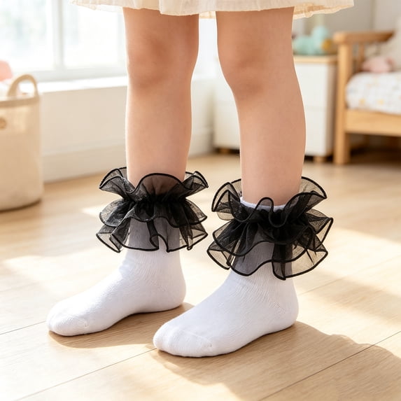CHCNHAC 2 Pairs Girls Black Lace Trim Dance Socks, Soft Cotton Princess Ballet Socks with Ruffles, Non-Slip Ankle Socks for Kids Performance Party Daily Wear