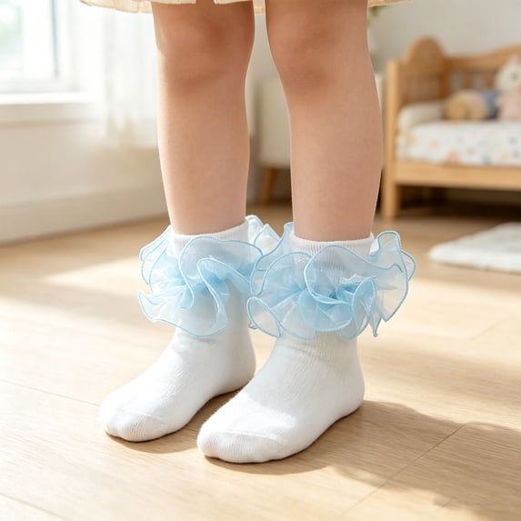 CHCNHAC 2 Pairs Girls Ruffle Lace Socks, Light Blue Frilly Ankle Socks for Toddlers Kids 11-13 Years, Soft Cotton Princess Short Socks for Daily Wear Party Gifts