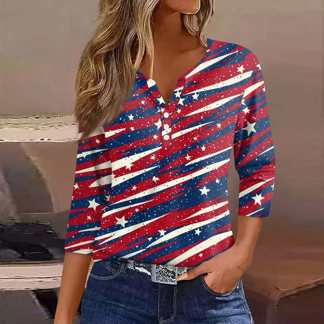 CHCNHAC 3/4 Length Sleeve Womens Tops Independence Day Button Up V-Neck Shirts 4th Of July 3/4 Length Sleeve 4th Of July Graphic Shirts Summer Loose Patriotic Top Red S