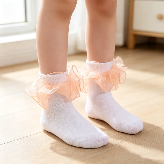 CHCNHAC 3 Pairs Beige Girls Lace Ruffle Socks, Soft Cotton Frilly Ankle Socks for Baby Toddler Infant, Cute Princess Style Daily Wear & Gift