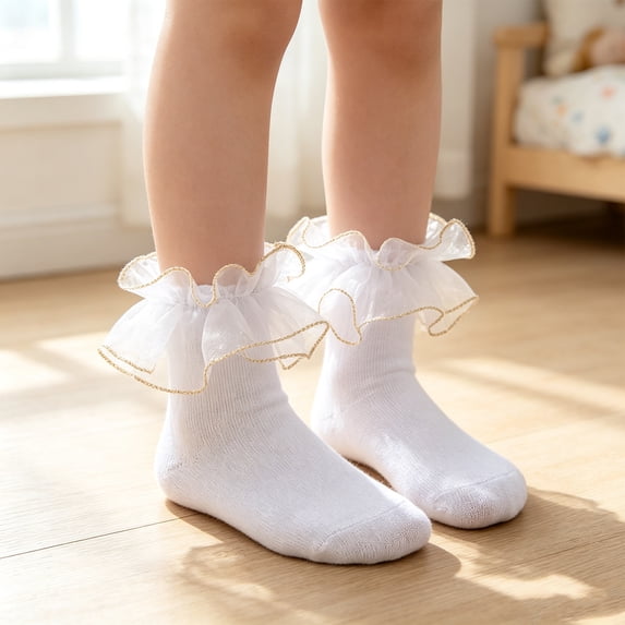 CHCNHAC 3 Pairs Girls White Lace Ruffle Socks, 3D Frilly Princess Ankle Socks, Soft Cotton Dress Up Socks for Toddlers, Size M (4-6 Years)