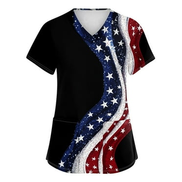 CHCNHAC 4th Of July Scrubs for Women Stars and Stripes Graphic Scrub Shirt Patriotic Stretchy V-Neck Medical Scrub Tops with Pockets Black 3XL