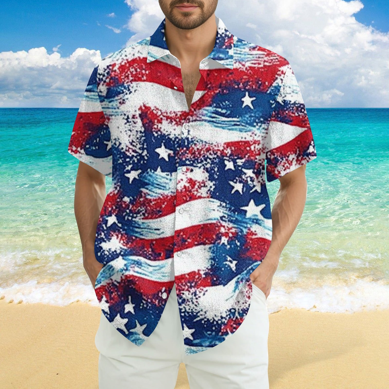 Tipsy Elves Men's Patriotic Button-Up Shirt - American Flag Hawaiian Style, 4th Of July, Summer Party Shirt