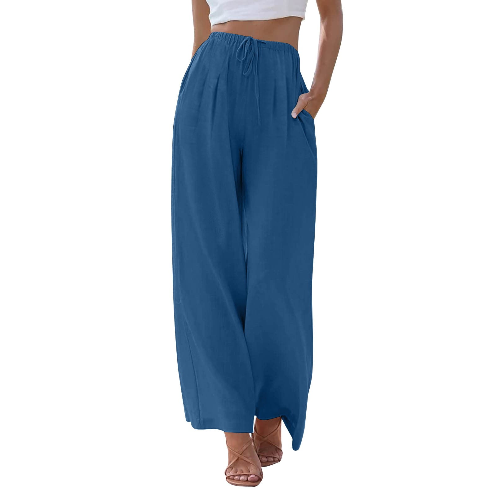CHCNHAC Flowy Pants for Women Loose Palazzo Cotton Linen Pant Wide Leg ...