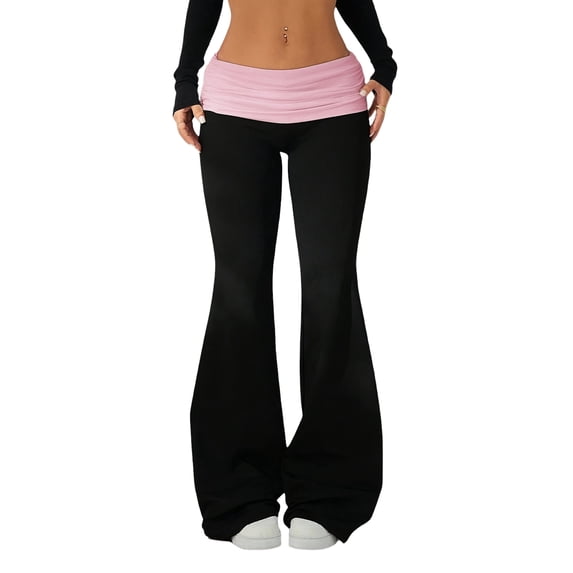CHCNHAC Fold Over Flare Legging for Women Low Rise Wide Leg Yoga Pants Slim Fit Bell Bottom Athletic Joggers Y2K Foldover Casual Pant, Pink - XS
