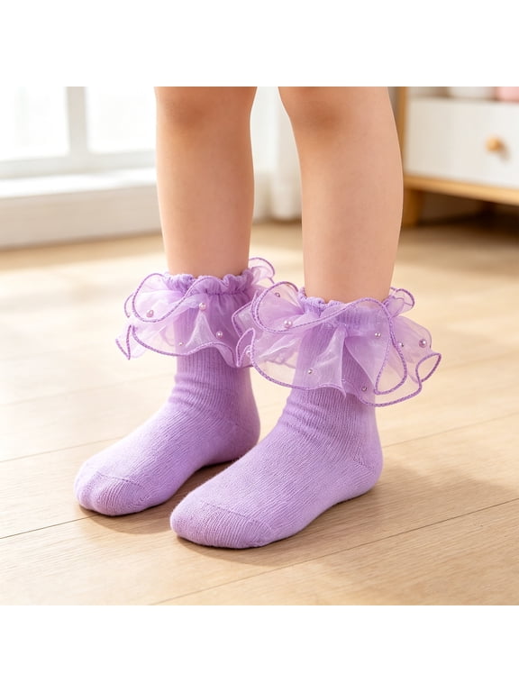 Girls Lace Ruffle Socks 2 Pairs Purple Pearl Ankle Socks for Baby Toddlers 6-12 Months Soft Cotton Princess Dance Performance Socks Cute Frilly Dress Socks for Birthday Party Daily Wear Gift