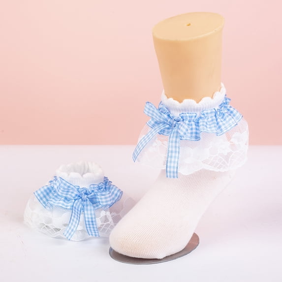 CHCNHAC Girls Lace Ruffle Socks 3 Pairs Cotton Slouchy Ankle Socks with Light Blue Bow for Toddler Baby Kids Princess Party Gift