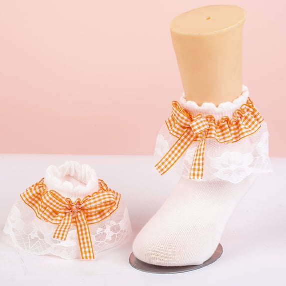 CHCNHAC 2 Pairs Girls Lace Ruffle Socks with Big Bow, Soft Cotton Princess Ankle Socks for Toddlers Babies, Cute Orange White Frilly Dress Socks for Party Photo Props Newborn Gift