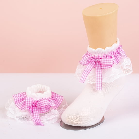 CHCNHAC 2 Pairs Pink Girls Lace Ruffle Socks, Princess Bowknot Cotton Slouch Socks, Soft Frilly Ankle Socks for Kids, Cute School Party Gift