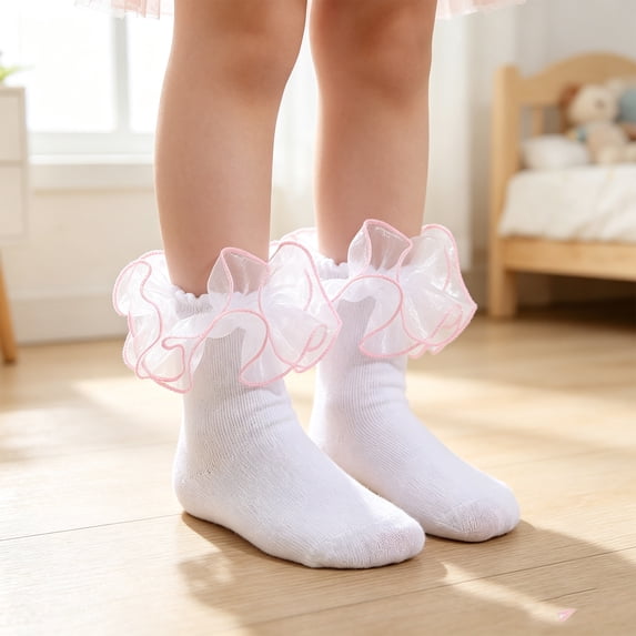 CHCNHAC Girls Lace Socks with 3D Ruffle Trim, Soft Cotton Princess Ankle Socks for Toddler Kids, Cute Frilly Short Socks Pink 2 Pairs
