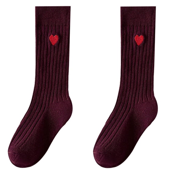 CHCNHAC 1 Pair Girls Mid Calf Socks Embroidered Heart Deep Red Soft Cotton Non Slip Cute School Casual Wear for Toddlers Kids
