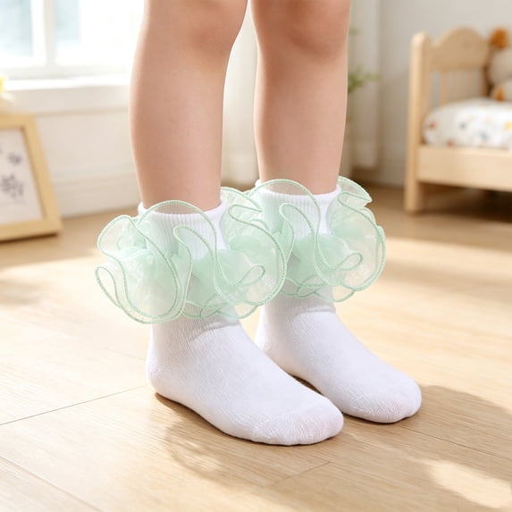 CHCNHAC 2 Pairs Girls Ruffle Lace Socks Light Green Frilly Ankle Socks for Toddlers Kids, Soft Cotton Ballet Style Short Socks with Large Ruffles, Cute Princess Party Dance Recital Gift