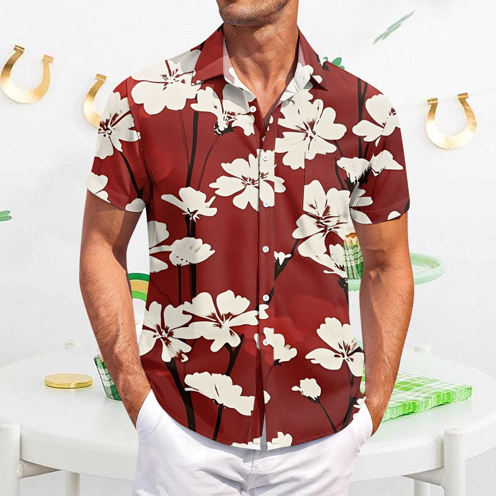 CHCNHAC Green Hawaiian Shirt for Men Summer Short Sleeve Button Up