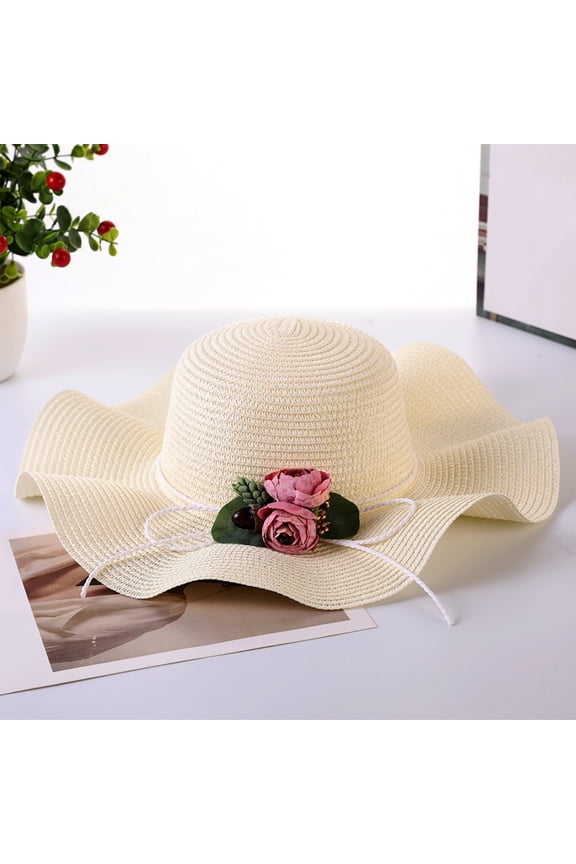 Ladies' Sun Hat Bow Flower Grass Hat Beach Hat Wide Brim Summer Sun Protection Breathable Straw Hat for Women Outdoor Travel Vacation Park Walk White